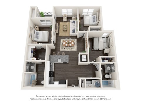 Floor plan for 3 beds, 2 baths, 1103 sqft